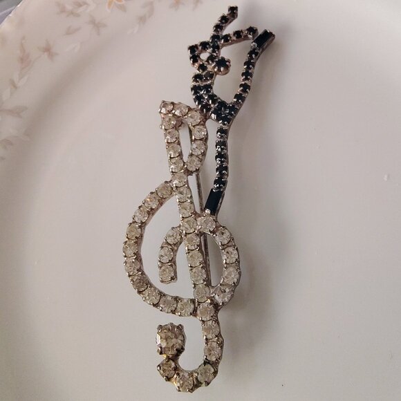 Vtg Silver Tone Large Clear Rhinestone Music Treble Clef Brooch Tiny Dancer - Picture 5 of 5